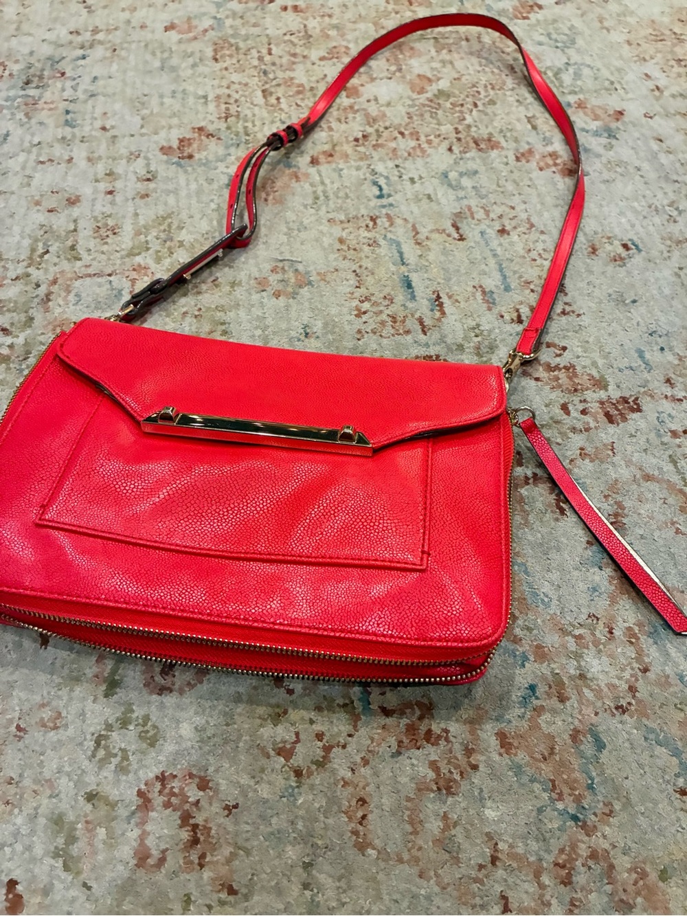 Stella & Dot Bright Red Leather Crossbody with Gold Bar Accent